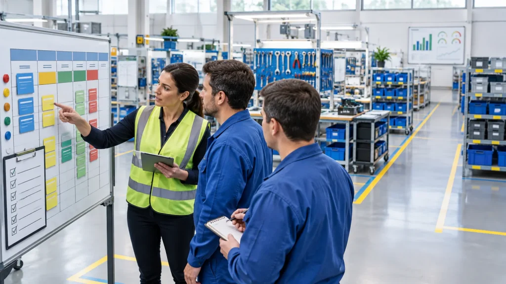 Equipo de planta revisando el avance de un plan 5S en una zona de trabajo ordenada