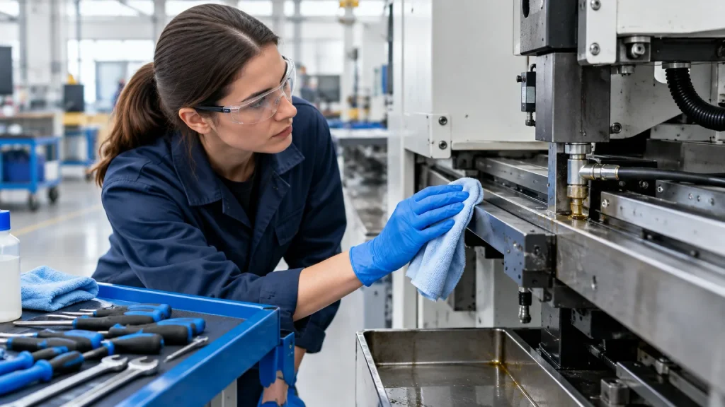 Operaria limpia e inspecciona una máquina industrial para detectar fugas, desgaste y suciedad anormal